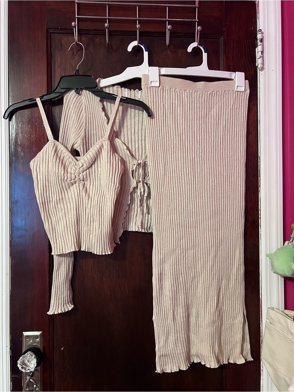 Ribbed Knit Maxi Skirt 3-Piece Set in Light Beige